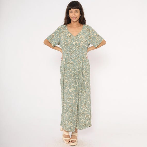 90s Floral Maxi Dress Teal Cream V Neck Short Sleeve Prairie Cottagecore Sage Green Garden Print Pleated Waist Summer Spring Easter Large L