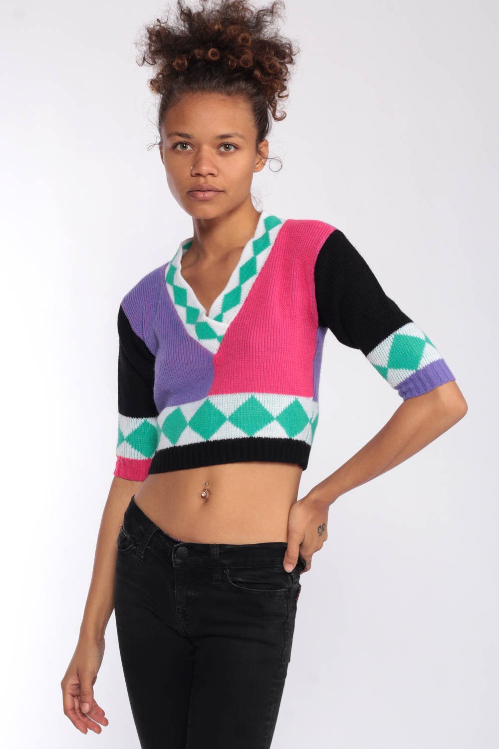 Knit Color Block Top Cropped Sweater Shirt 80s Sweater Geometric Print Vintage Pink Purple 