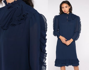 80s Party Dress Navy Blue Ruffled Dress PUFF Sleeve Dress Midi 70s Long Sleeve Vintage Shift Dress Retro Keyhole Bow Dress Medium Large