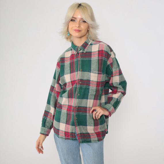 90s Flannel Shirt Green Pink Plaid Button up Retro Grunge Lumberjack Long Sleeve Beige Checkered Top Vintage 1990s Distressed Medium M