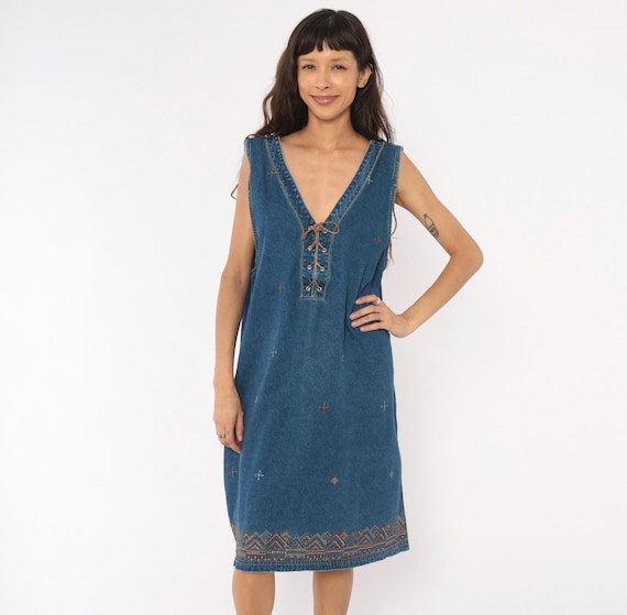 Southwestern Denim Dress 90s Lace Up Embroidered Sleeveless V Neck Shift Cotton Jean Knee Length Vintage Plus Size Extra Extra Large XXL