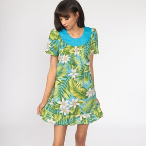 Floral Mini Dress Tropical Green Blue Tent Dress Hawaiian Boho 80s Bohemian Vintage 1980s Retro Trapeze Puff Sleeve Dress Extra Small xs