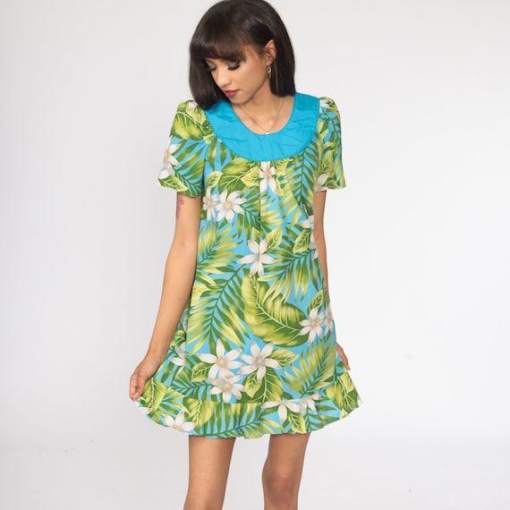 Floral Mini Dress Tropical Green Blue Tent Dress Hawaiian Boho 80s Bohemian Vintage 1980s Retro Trapeze Puff Sleeve Dress Extra Small xs