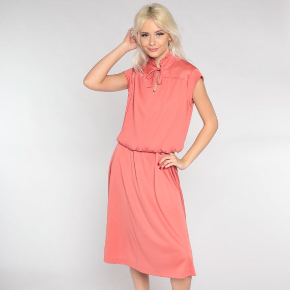 70s Blouson Dress Terracotta Midi Dress Keyhole Cap Sleeve Ruffle High Waisted Slouchy Secretary Grecian Chic Vintage 1970s Medium Large