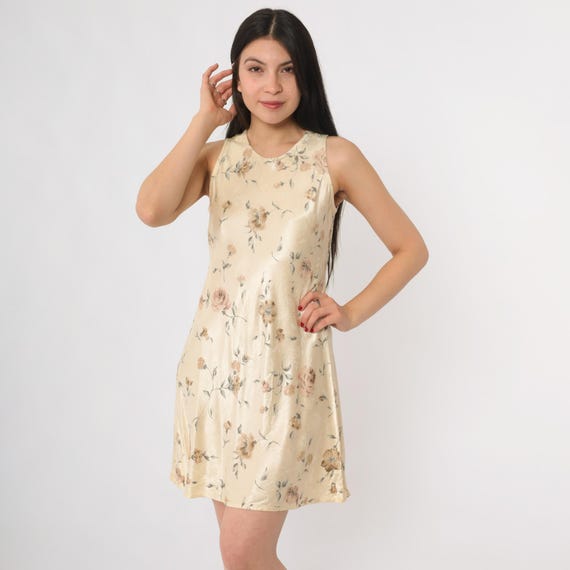 Floral Mini Dress 90s Cream Beige Rose Print Sleeveless A-Line Grunge Princess Cottagecore Summer Romantic Feminine Soft Boho Medium M 7/8