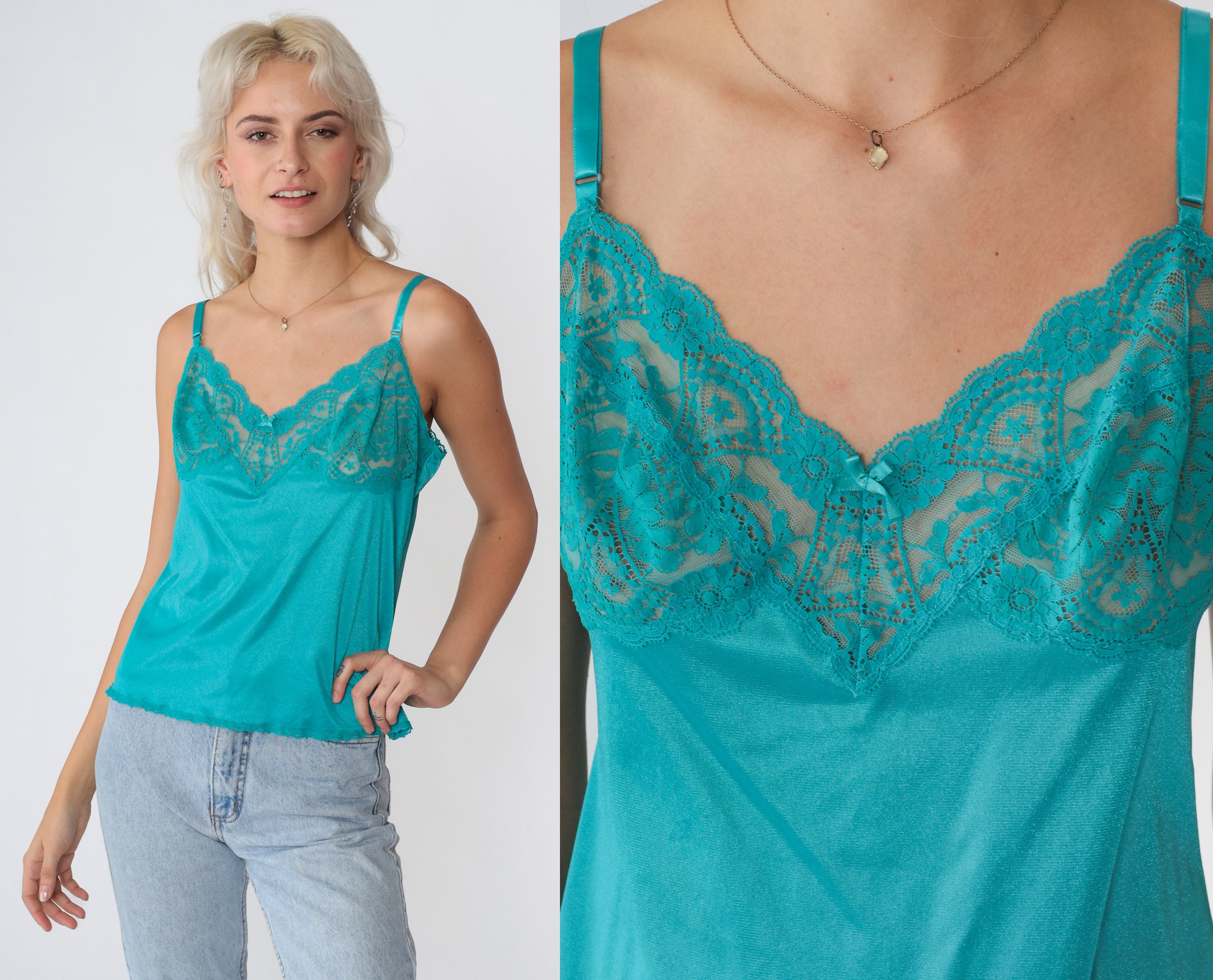 Teal Lace Camisole 90s Cami Lingerie Tank Top Sheer Floral