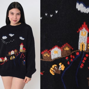 80s Lilly of California Sweater Vintage Country Village Novelty Print Black Knit House Cloud Pullover Jumper Kawaii 1980s Sweater Medium image 1