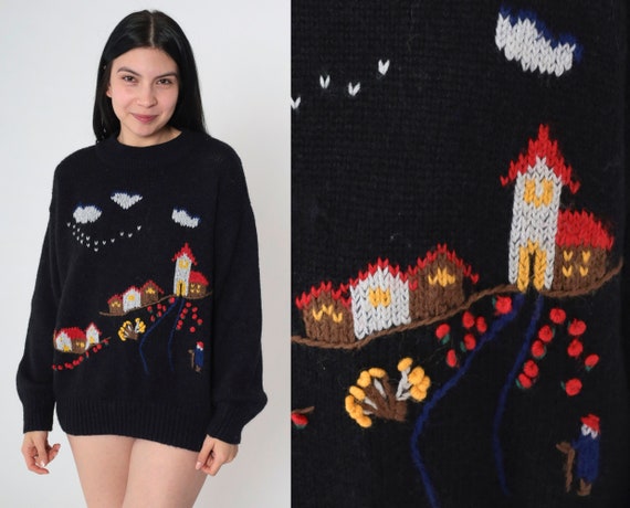 80s Lilly of California Sweater Vintage Country Village Novelty Print Black Knit House Cloud Pullover Jumper Kawaii 1980s Sweater Medium