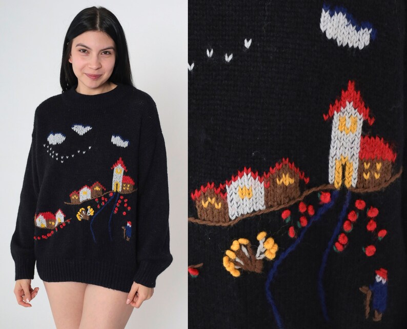80s Lilly of California Sweater Vintage Country Village Novelty Print Black Knit House Cloud Pullover Jumper Kawaii 1980s Sweater Medium image 1