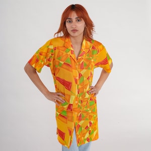 Mosaic Button Up Shirt 90s Yellow Geometric Print Blouse Button Up Shirt Short Sleeve 1990s Tropical Longline Orange Vintage Extra Large xl image 2