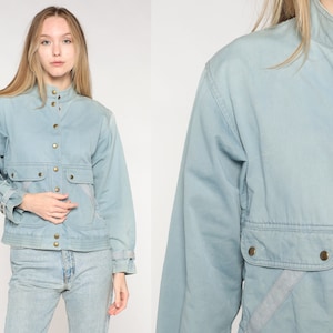 Denim Bomberjacke 80er Jahre Jeansjacke Cargojacke 1980er Vintage Blauer Mantel Liz Claidose 90s Retro Snap Jacke Medium