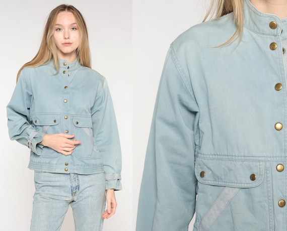 Denim Bomber Jacket 80s Jean Jacket Cargo Jacket 1980s Vintage Faded Blue Coat Liz Claiborne 90s Retro Snap Jacket Medium