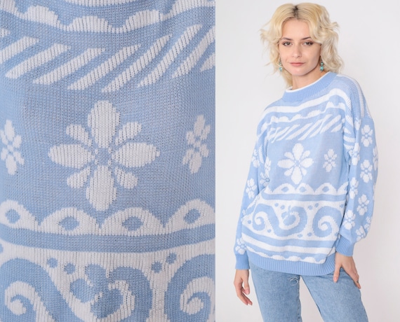 Floral Knit Sweater 80s Light Blue Striped Swirl Geometric Mock Neck Jacquard Print Pullover Boho 1980s Vintage Acrylic Knitwear Large L