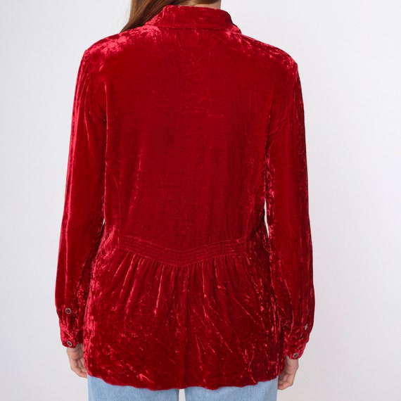Red Velvet Blouse 90s Button Up Shirt Long Sleeve… - image 8