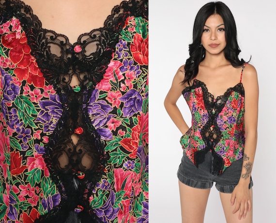 Floral Cami Top Lace Trim Camisole Lingerie Shirt 90s Sexy Sleep Pajama Shirt Vintage 1990s Spaghetti Strap Medium Large