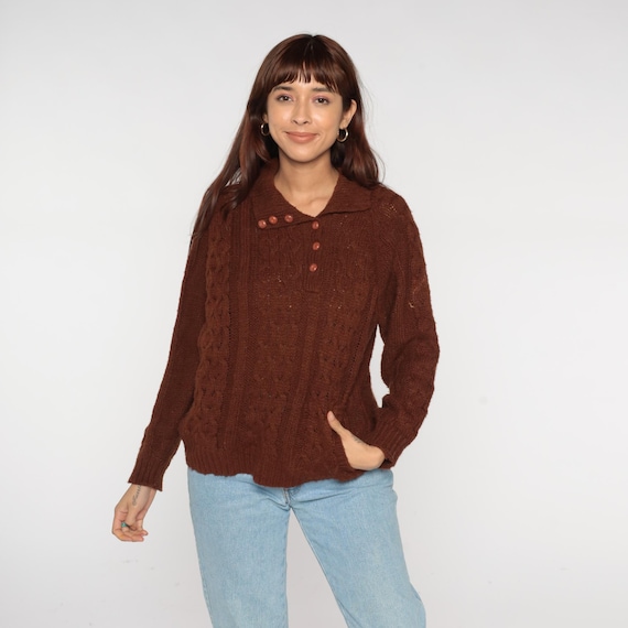 70s Knit Sweater Brown Rochelle California Vintage Collared Button Front Cable Knit Long Sleeve Fall Autumn Chunky Knitwear Medium M