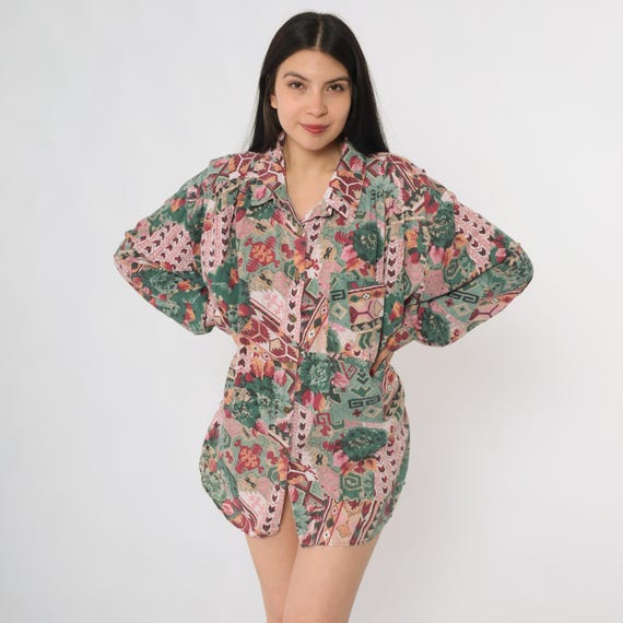 Western Patchwork Shirt Multicolor 90s Button Up Tap Co Long Sleeve Collage Pattern Geometric Floral Abstract Eclectic Artsy Style 2XL