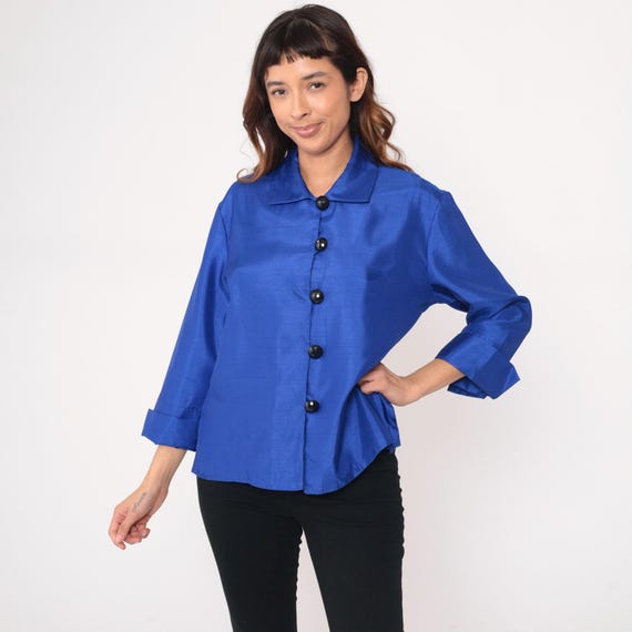 Royal Blue Blouse Y2K Collared Structured Three Quarter Sleeve Boxy Top Vintage Petite Fit Clean Minimal Professional Office Shirt Medium M