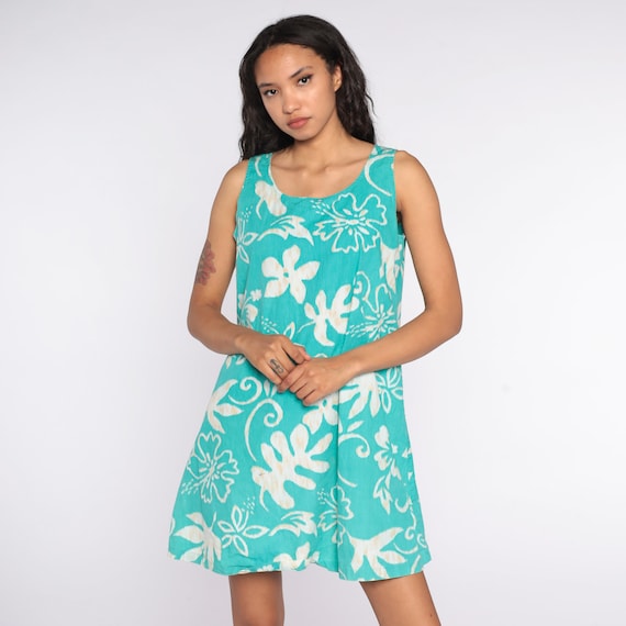 90s Hawaiian Dress Turquoise Blue Floral Tropical Reyn Spooner Mini Sundress Flower Print Summer Beach 1990s Vintage Shift Sleeveless Medium