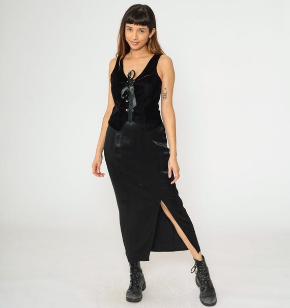 Vintage Black Satin Dress 90s Velvet Maxi Party Dress Lace Up Y2K Slit Front 1990s Long Formal Sheath Cocktail Silky Sleeveless Small Medium