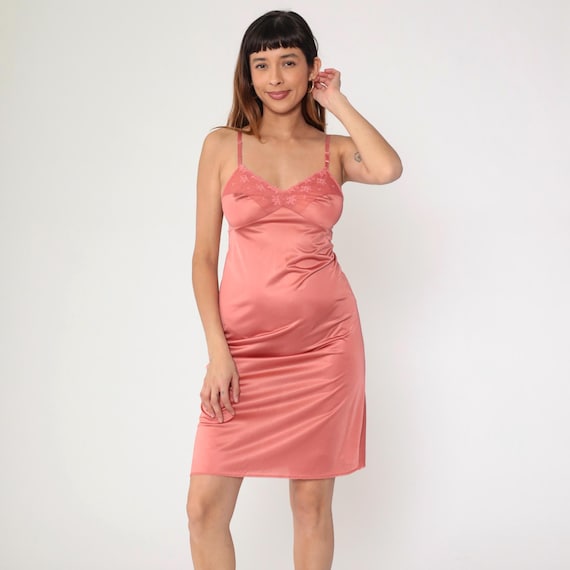 Vintage Pink Slip Dress 80s Sheer Lace Lingerie Mini Dress Nightie Full Empire Waist Spaghetti Strap Nightgown Retro 1980s Extra Small xs