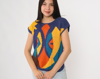 Suéter de punto abstracto vintage de los años 80, colorido, geométrico, de algodón y ramio, chaleco con mangas cortas, gráfico llamativo, mediano