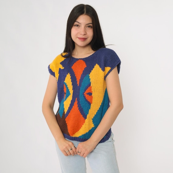 Abstract Knit Top Vintage 80s Colorful Geometric Ramie Cotton Sweater Vest Cap Sleeve Bold Graphic Medium