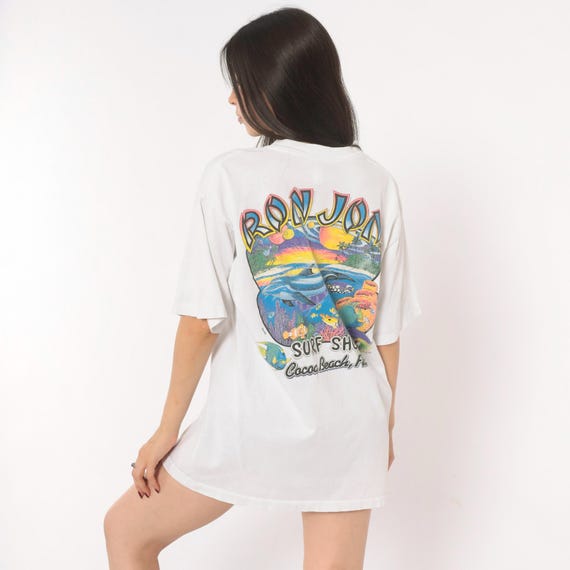 90s Ron Jon Surf Shop Tee White Cotton Graphic Beach Cocoa Florida Tropical Fish Ocean Short Sleeve Summer Vacation Souvenir Shirt Large L