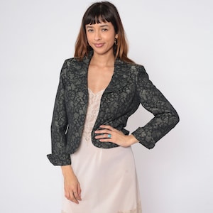 Floral Lace Blazer 80s Cropped Blazer Open Front Jacket Pleated Collar Cocktail Secretary Formal Grey Black Vintage 1980s Le Suit Medium M