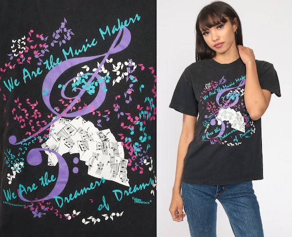 Music Note Shirt Band Shirt Retro TShirt Dreamers Shirt 90s Vintage Black T Shirt Graphic Print Tee Hanes Extra Small xs
