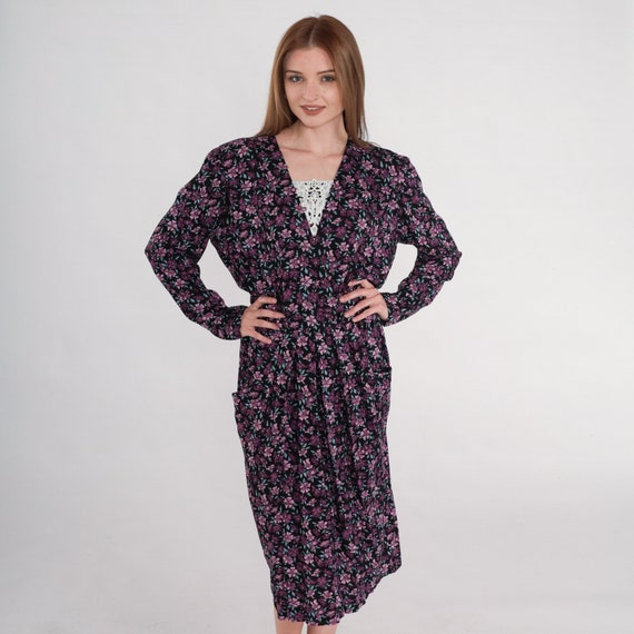 Floral Granny Dress 90s Purple Midi Dress Lace V Neck Secretary Dress Long Puff Sleeve Flower Print Vintage 1990s Karin Stevens Small S