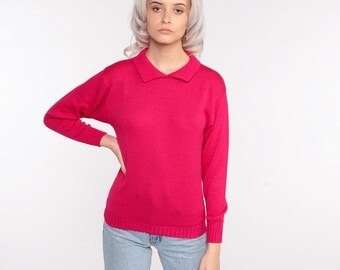 Deep Pink Sweater 80s Slouchy Collared Knit Pullover Jumper 1980s Hipster Vintage Plain Extra Small xs