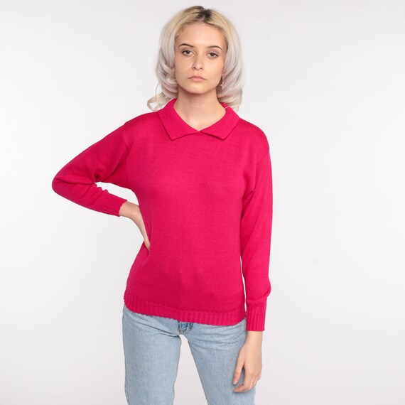 Deep Pink Sweater 80s Slouchy Collared Knit Pullover Jumper 1980s Hipster Vintage Plain Extra Small xs