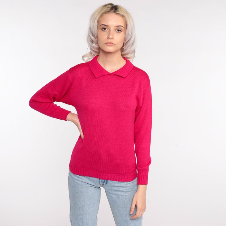 Deep Pink Sweater 80s Slouchy Collared Knit Pullover Jumper 1980s Hipster Vintage Plain Extra Small xs image 3