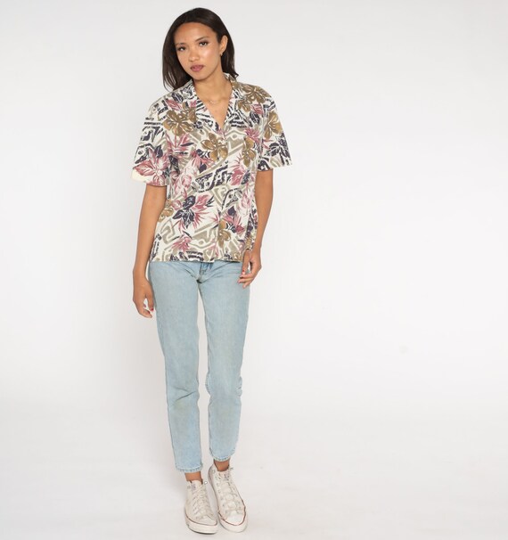 Tropical Floral Blouse 80s Button Up Shirt Off-Wh… - image 3