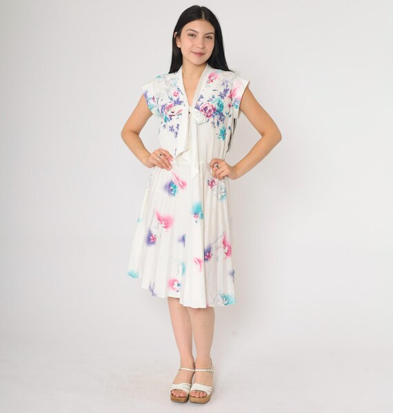 70s Floral Dress Ascot Pleated Dress White Boho Midi Necktie Secretary High Waist Bohemian Bow 1970s Vintage Cap Sleeve Small Medium