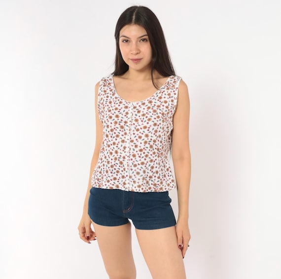 90s Floral Button Front Tank Sleeveless Scallop Trim Sunflower Heart Print Cotton Scoop Neck Cropped Blouse White  Prairie Top Large L