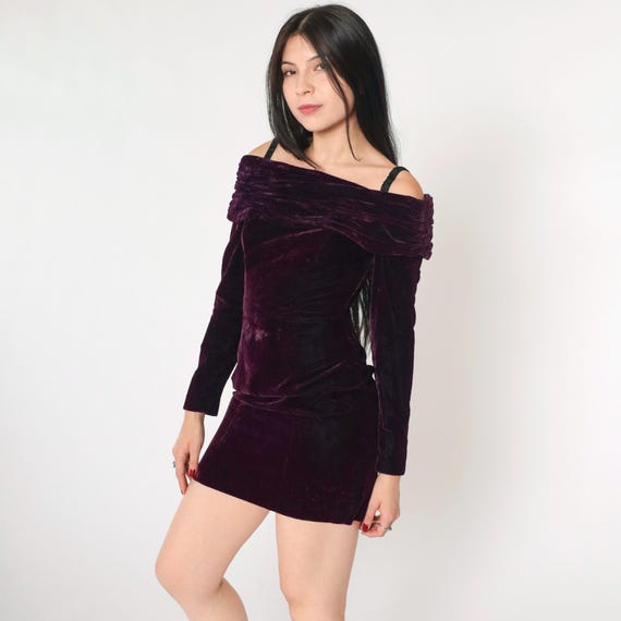 Vintage 90sVelvet Dress Off Shoulder Party Dress Mini Sheath Pencil Bodycon Evening Cocktail Going Out Spaghetti Strap 1990s Extra Large xl