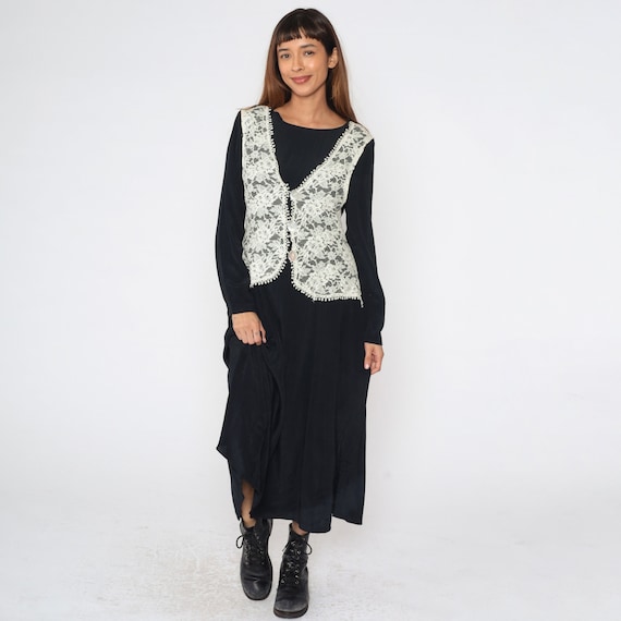 Long Black Dress 90s White Lace Attached Vest Midi Dress Ankle Length Boho Grunge Twofer Retro Long Sleeve Bohemian Vintage 1990s Medium 8