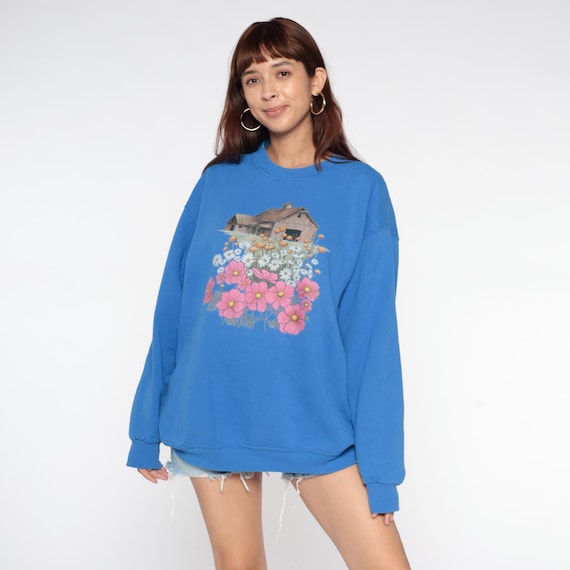 Wildflower Barn Sweatshirt 90s Blue Floral Cottagecore Prairie Scene Long Sleeve Vintage Pullover Pink Cosmos White Daisies Extra Large XL