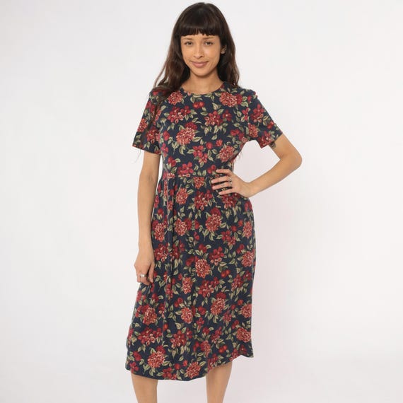 90s Floral Dress Navy Blue Red Cottagecore Cotton Prairie Vintage Summer Dahlia Print Garden Party Feminine Romantic Casual Grunge Small S