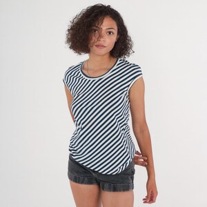 70s Striped Shirt White Navy Blue Top Cap Sleeve Blouse Retro Preppy Mod Summer Crew Neck Top Diagonal Stripes Vintage 1970s Small S