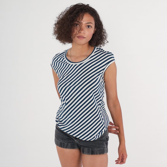 70s Striped Shirt White Navy Blue Top Cap Sleeve Blouse Retro Preppy Mod Summer Crew Neck Top Diagonal Stripes Vintage 1970s Small S