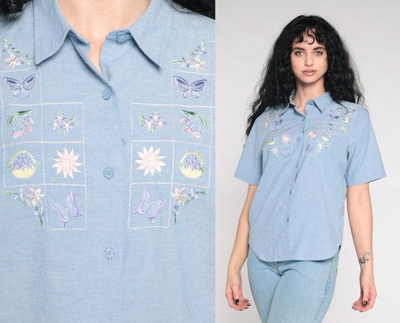 Floral Butterfly Shirt 90s Button Up Blue Embroidered Shirt Cherry Fruit Shirt 1990s Vintage Alfred Dunner Short Sleeve Top Retro Large L