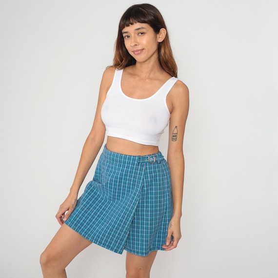 Blue Checkered Skort Y2K Skirt High Waisted Cotton Gingham Plaid Summer Vintage 90s Schoolgirl Preppy Academic Winter Layering Medium M