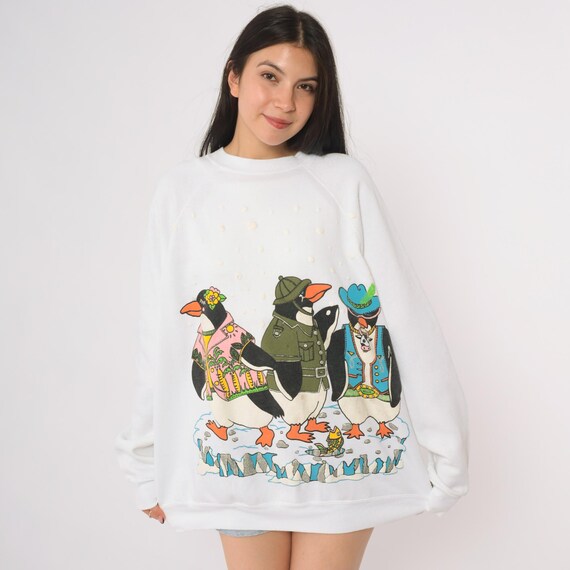 Penguin Sweatshirt 90s Sweater Funny Arctic Winter Animal Graphic Raglan Sleeve White Vintage 1990s Medium Large