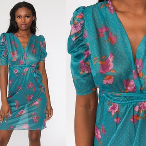 80s Midi Dress Blue Boho V Neck Purple Floral High Waisted Puff Sleeve 1980s Vintage Garden Party Bohemian Wrap Small Medium