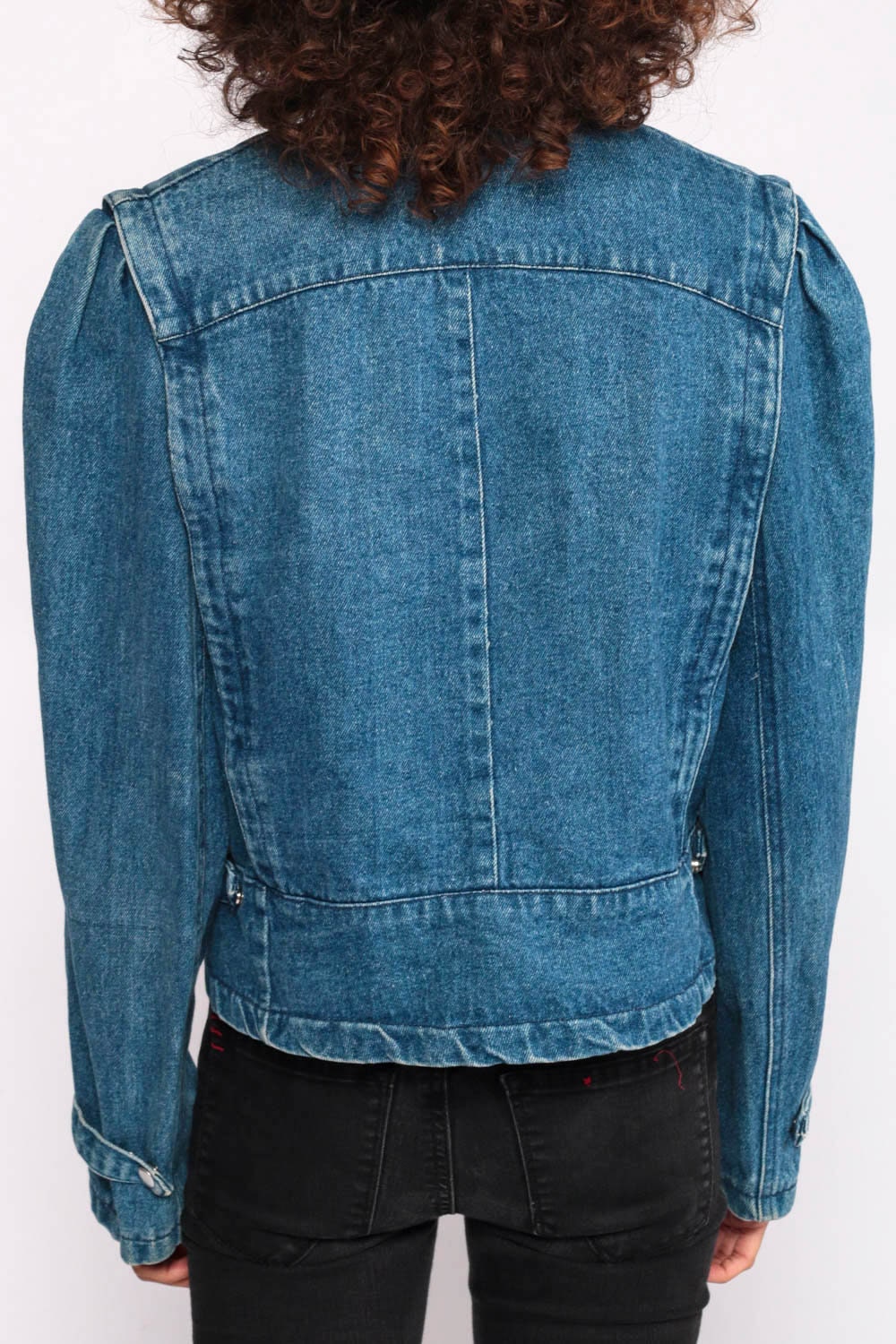 Puff Sleeve Jean Jacket 80s Denim Jacket Biker Zip Up Blue Jean Jacket ...