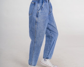 Pleated Mom Jeans 90s Tapered Jeans High Waisted Rise Denim Pants Retro Streetwear Blue Paper Bag Jeans Vintage 1990s Bill Blass Small S 28