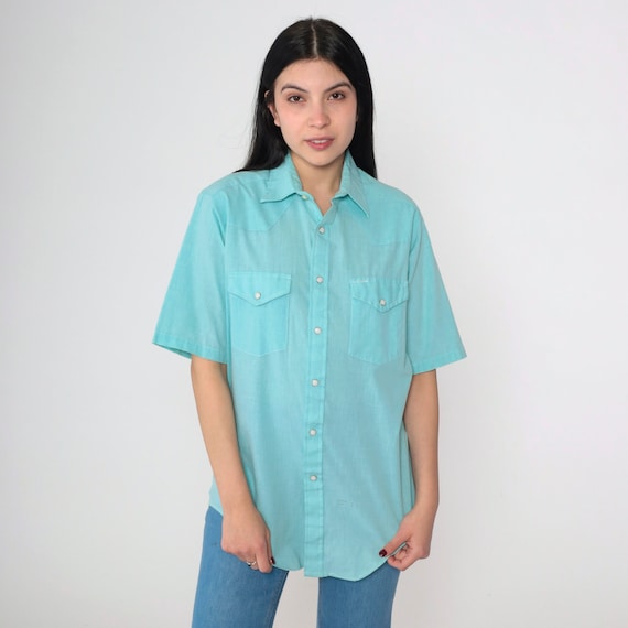 Blue Western Shirt 70s Pearl Snap Shirt Collared Short Sleeve Button Up Retro Plain Cowboy Vintage 1970s Charlie Brown Mens Medium 15 1/2